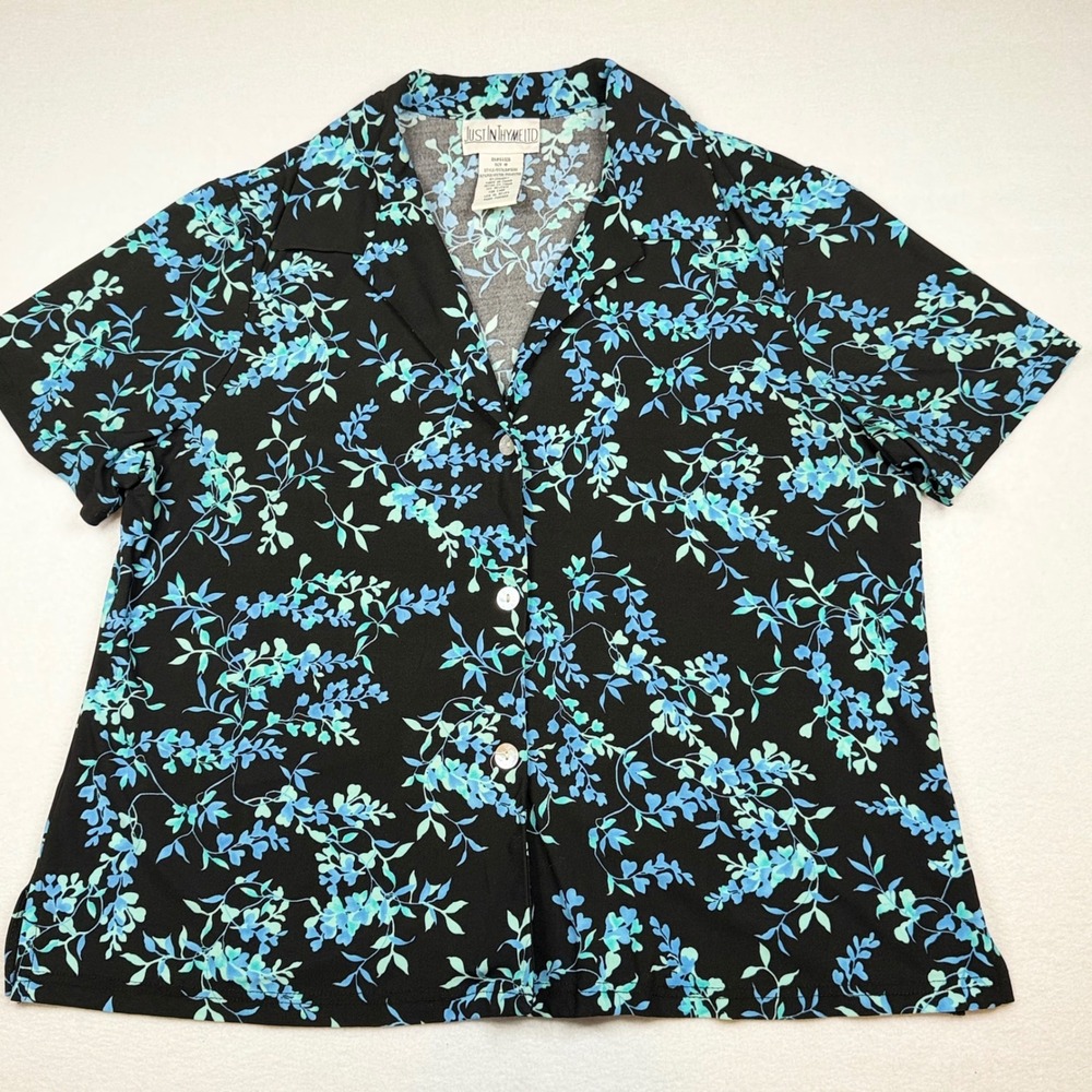 Justin Thyme Ltd Womens Blue Floral Button Down Blouse Short Sleeve Size 18 9091